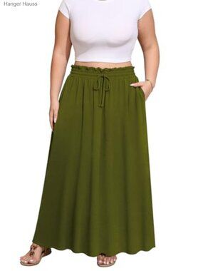 Plus Size Maxi Skirt High Waisted Boho Beach Flowy Swing with Pockets